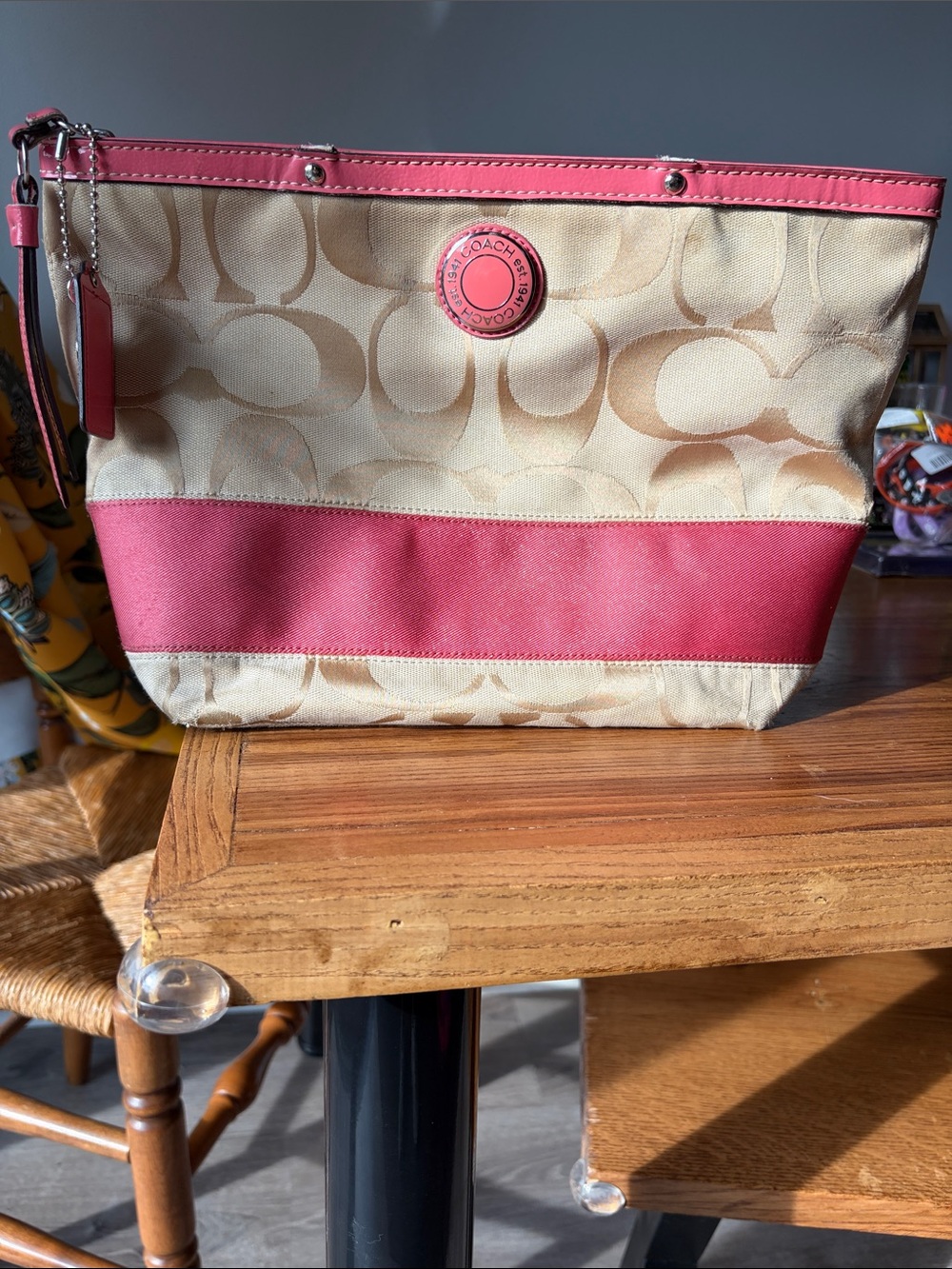 Coach Beige Signature Canvas Clutch with Pink Stripe and Trim